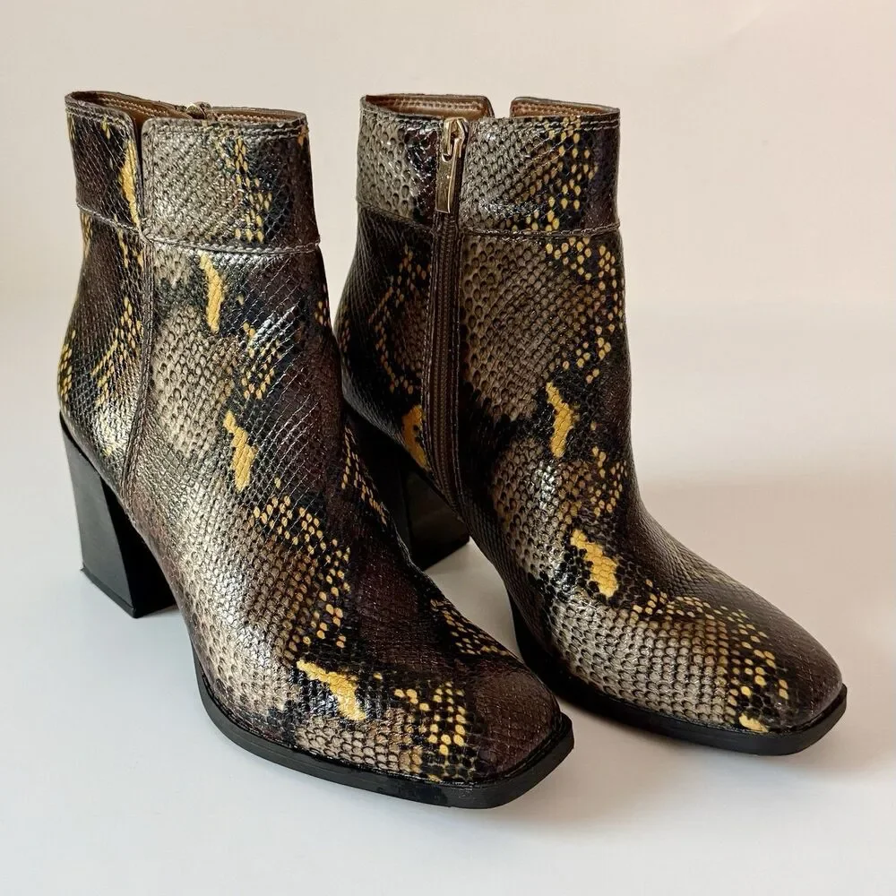 Franco Sarto Women's Size 7M Snake Print Leather Zip Ankle Bootie w/ Block Heel